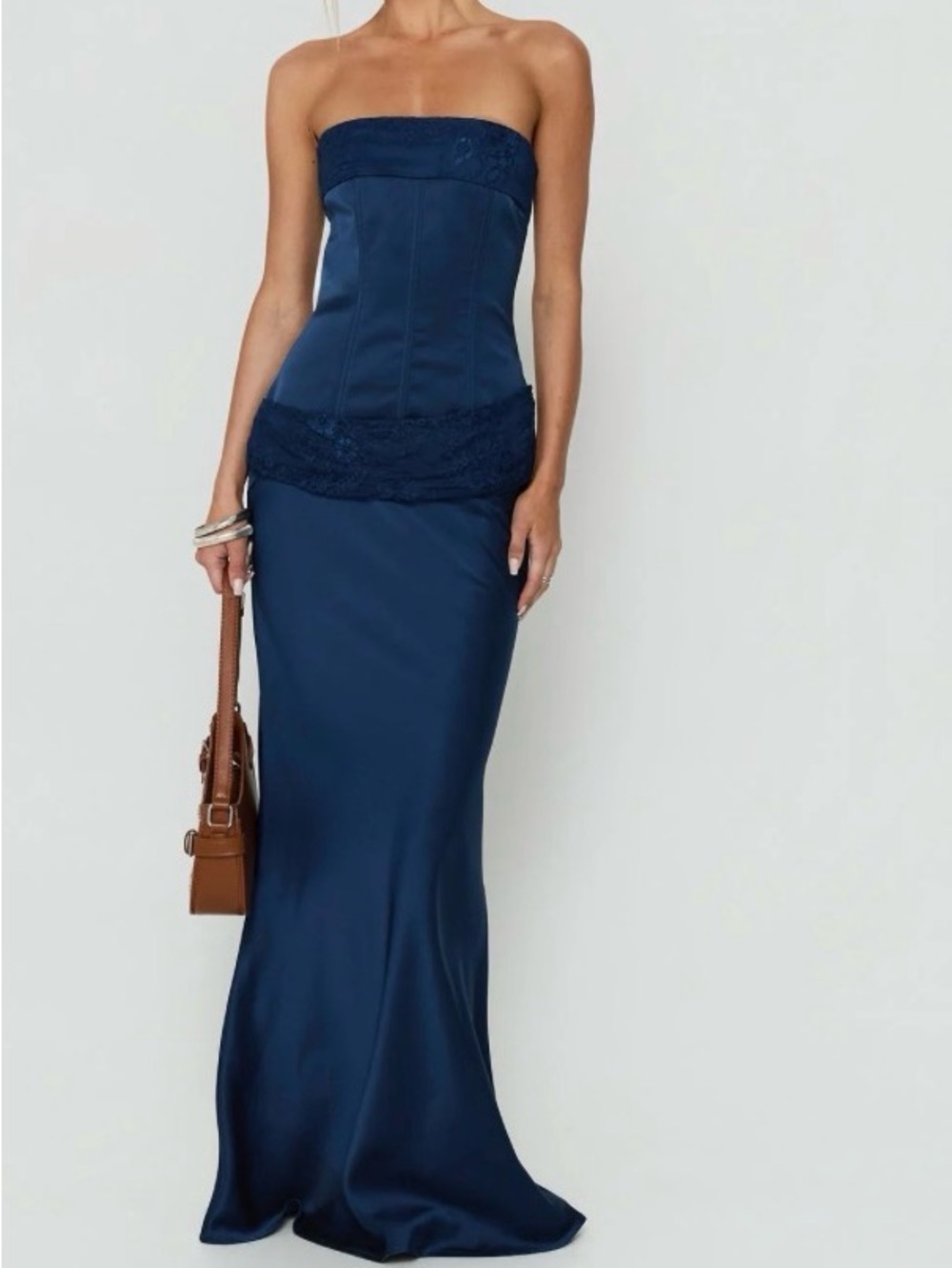 Strapless Navy Princess Polly Satin Gown